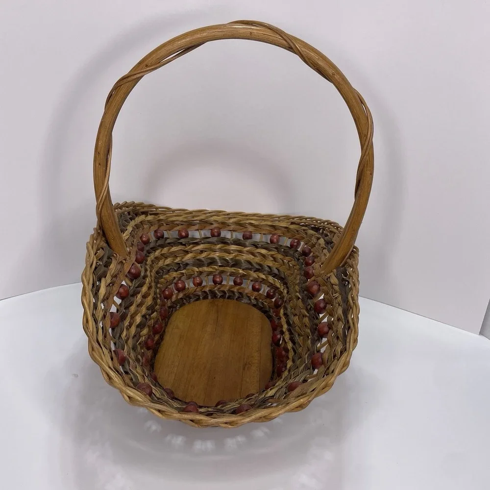 Large Vtg Willow Wicker Wood Bead Basket Handmade‎ Rattan 16.5x10.5